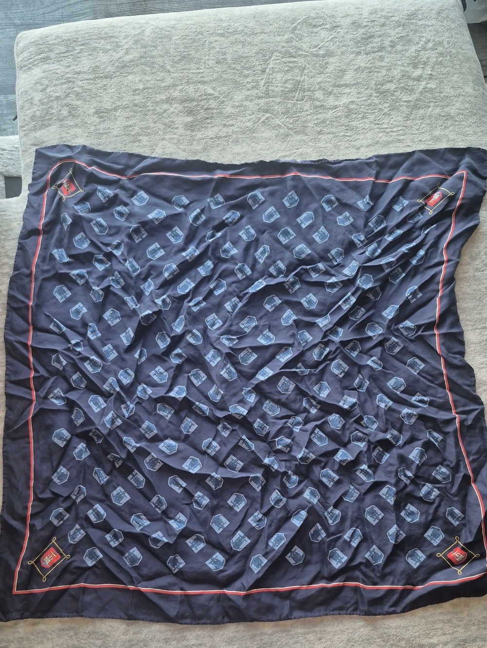 Navy Silk Scarf with Light Blue Crest Motif and Red Trim